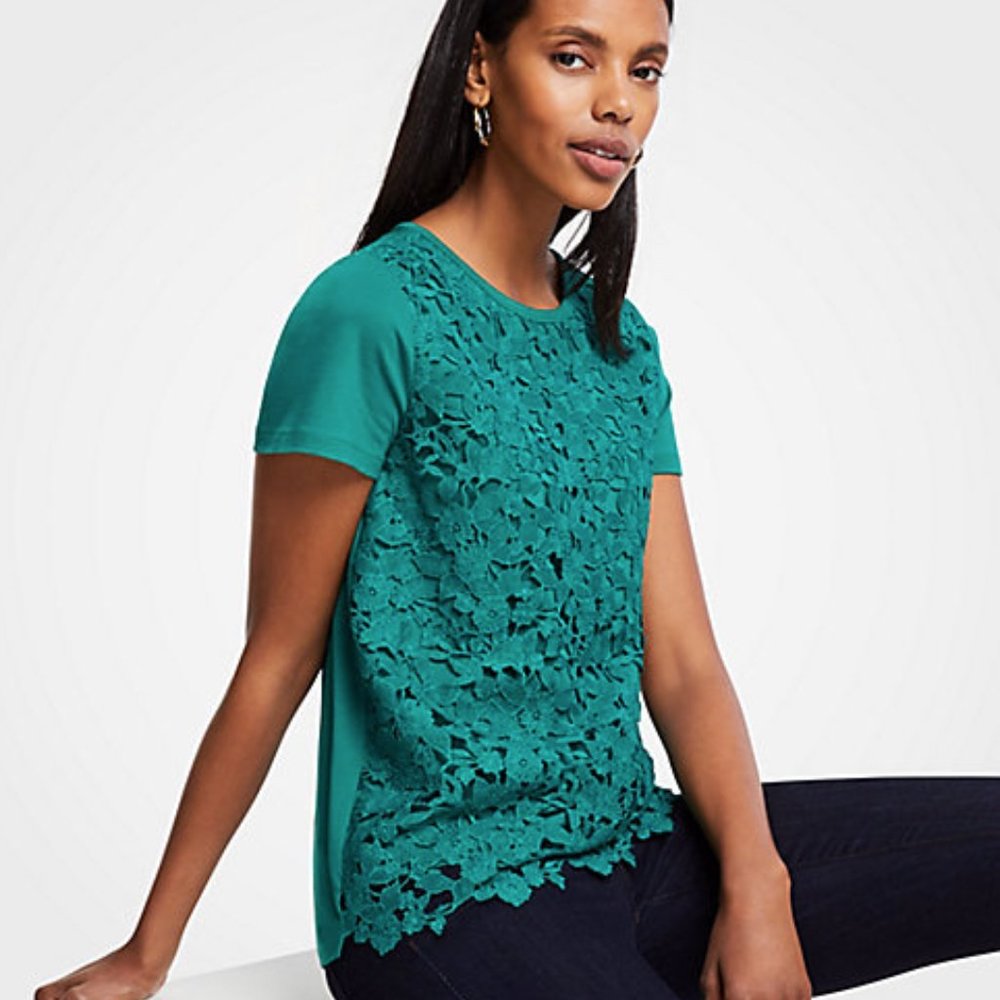 NEW NWT Ann Taylor Floral Lace Tee Color: Green Clover